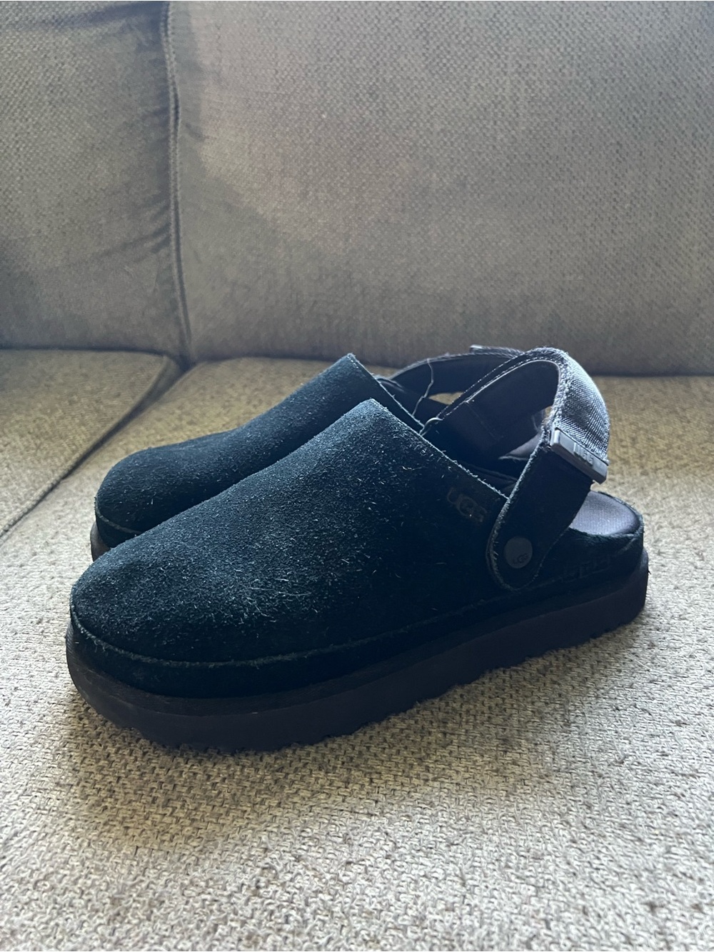 UGG Black Suede Clog Flats with Back Strap